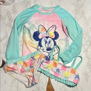 Disney Minnie Mouse Kids Rashguard and Bikini Set - Pastel Teal Pink